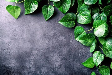 Poster - Lush Green Heart-Shaped Leaves on Dark Textured Surface Creating a Serene and Natural Layout for Home or Office Decor Ideas
