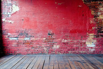 Poster - Red Brick Wall with Weathered Texture and Wooden Floor Background