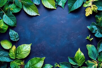 Poster - Vibrant Green Leaves Border on Dark Blue Background for Nature and Eco-Themed Projects or Designs