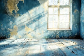 Poster - Abandoned Room with Textured Blue Walls, Sunlight Streaming through Window, and Wooden Floor in a Rustic Environment Highlighting Decay and Beauty