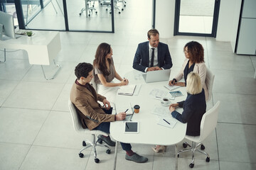 Poster - Teamwork, meeting and planning with business people in office for idea, spreadsheet and budget proposal. Revenue report, market forecast and shareholder approval with above of employees in workshop