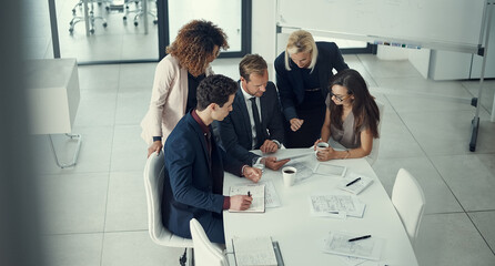 Poster - Tablet, teamwork and documents with business people in meeting for funding, investment report and project. ROI assets, revenue statement and planning with above of employees for market research