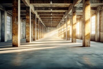 Poster - Abandoned industrial interior with concrete pillars and sunlight beams illuminating an empty space showcasing raw architecture and urban design elements