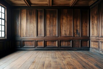 Poster - Expansive View of Vintage Wooden Interior with Paneled Walls and Wooden Flooring in Natural Light Soaking Through the Window