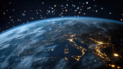Poster - Digital map of space debris tracking, highlighting thousands of objects orbiting Earth.