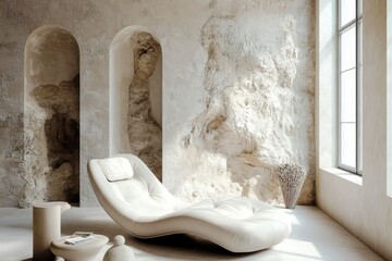 Poster - Modern Minimalist Interior with Elegant Chaise Lounge and Natural Textures in a Bright Sunlit Space