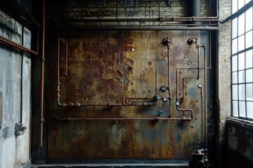 Poster - Textured Industrial Background with Rusty Pipes and Weathered Wall in Abandoned Warehouse Setting, Perfect for Grunge or Vintage Themes