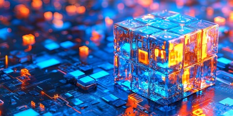 Poster - Futuristic Glass Cube on Circuit Board Abstract Technology Background Image