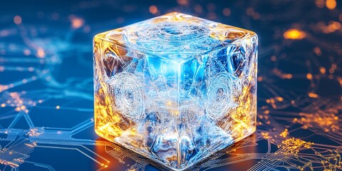 Poster - Illuminated Ice Cube on Abstract Circuit Board Futuristic Technology Concept