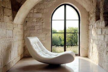 Poster - Modern white chaise lounge chair in minimalistic interior with stone walls and large arched window overlooking natural greenery landscape