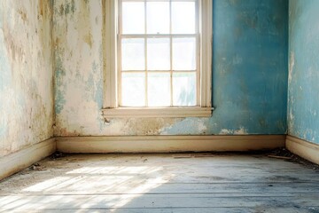Poster - sunlight streaming through an abandoned room with weathered walls and a dusty floor creating an atmo