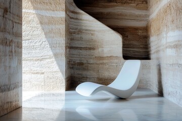 Aufkleber - Modern Sculptural Lounge Chair in Minimalist Interior Space with Natural Stone Wall and Soft Light Highlights on Smooth Floor Surface