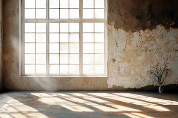 Poster - Sunlight streaming through large windows into an empty room with rough walls and a vase with bare branches creating a serene atmosphere of solitude