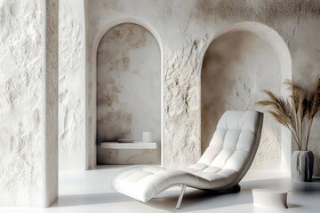 Poster - Minimalist interior design featuring a modern chaise lounge chair in a serene and textured space with natural light illuminating the soft tones and organic elements