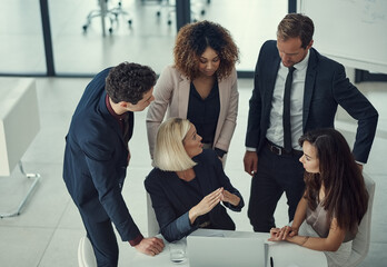 Aufkleber - Colleagues, meeting and people with laptop, discussion and brainstorming with tech or business. Boardroom, teamwork and group with info for project, review and planning for idea or top view.