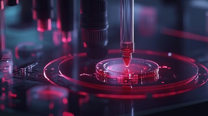 Abstract Red Liquid Dropping Futuristic Technology Science Experiment Innovation Laboratory Research Modern Design Digital Art Microscope Glass       