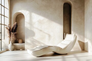 Poster - Modern minimalist interior design featuring a sleek chaise lounge, natural light, and earthy color tones in a serene living space setting