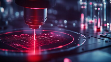 Poster - Advanced Microchip Production Laser Technology Red Light Semiconductor Manufacturing Process High Tech Innovation Futuristic Digital Circuitry        