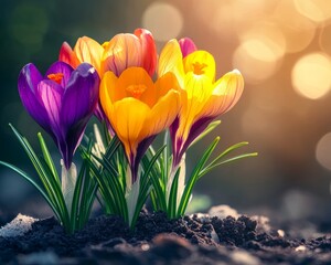 Canvas Print - Vibrant Spring Crocuses in Bloom A Close-Up of Colorful Flowers Against Golden Sunlight