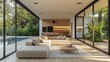 © Ardhana - Modern living room with large windows overlooking a backyard