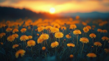 Aufkleber - A breathtaking field filled with bright yellow dandelions stretches towards the horizon, basking in the warm glow of a stunning sunset, painting the sky in soft hues