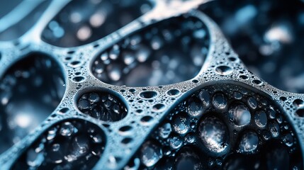 Poster - Abstract Blue Metallic Texture Background Design Detailed Closeup Macro Photography Water Droplets Bubbles Organic Structure Network Pattern Digital  