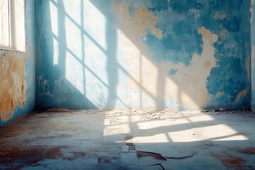 Poster - Abandoned Room with Cracked Blue Walls and Sunlight Casting Shadows on the Floor in a Solitary Space of a Forgotten Structure