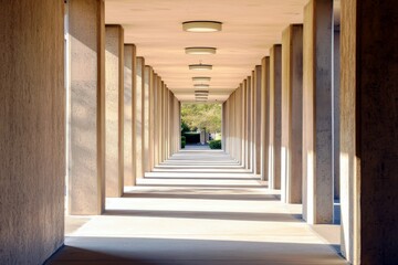 Poster - Serene Architectural Passageway with Symmetrical Columns and Soft Lighting Creating Calmness and Depth in Perspective View