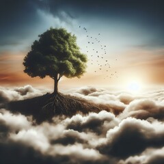 Wall Mural - A lone tree grows from the ground into the clouds, symbolizing growth and aspiration.