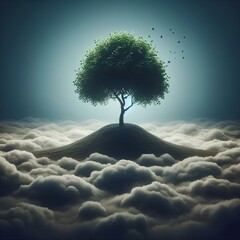 Wall Mural - A lone tree grows from the ground into the clouds, symbolizing growth and aspiration.