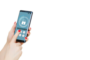 Poster - isolated woman hand holding the phone with system smart house