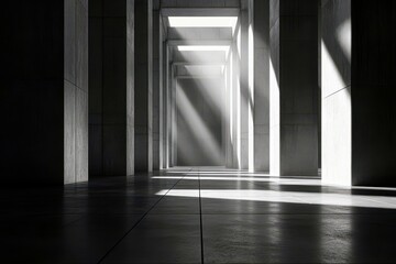 Poster - Serene Architectural Space with Dramatic Light Beams Filtering Through Columns in Modern Concrete Structure