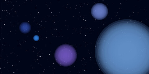 Colorful planets in space blue and purple spheres, starry night sky exploration