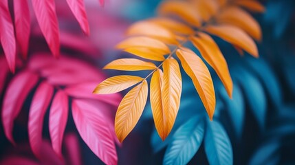 Aufkleber - Colorful palm leaves intertwine in a striking display, showcasing vibrant shades of pink, orange, and blue. This stunning background evokes a sense of tropical serenity and artistic wonder