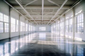 Poster - Bright and Spacious Open Room with Large Windows and Polished Concrete Floor Ideal for Events and Creative Activities