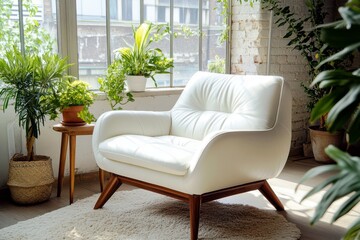 Poster - Bright and Cozy Living Room with a Modern White Chair Surrounded by Indoor Plants and Natural Light in an Urban Space