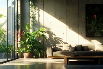 Poster - Modern living room with large windows showcasing vibrant plants and natural light illuminating minimalist decor and soft furnishings in urban setting