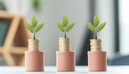 Innovation strategy concept. Plants growing from coins in pots, symbolizing financial growth.