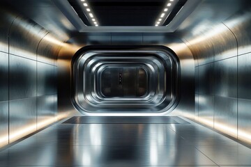 Poster - Futuristic Metallic Corridor with Sleek Design and Lighting Effects