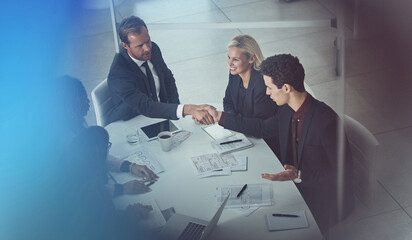 Poster - Handshake, deal and business people with paperwork for planning, analysis or online research. Office, greeting and meeting with shaking hands, documents or report for project management teamwork