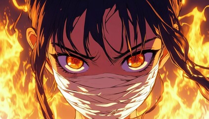 Poster - Intense Close-Up of a Masked Character with Fiery Background and Vibrant Orange Eyes, Symbolizing Power and Resilience in an Anime Style Illustration