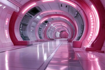 Poster - Futuristic sci-fi corridor with neon pink lights, sleek walls, and modern design, perfect for imaginative and high-tech concepts in visual media