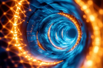 Poster - Abstract digital tunnel with glowing lights and swirling patterns, creating a futuristic atmosphere of connectivity and innovation