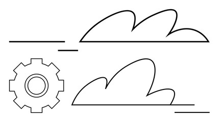 Abstract clouds and cogwheel in linear style represent cloud technology, data exchange, and digital solutions. Ideal for innovation, efficiency, AI, automation, IT, development abstract line flat