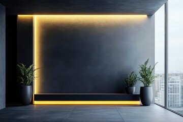 Poster - Modern Minimalist Interior Design with Elegant Lighting, Plants, and Large Windows Offering Natural Light in a Contemporary Urban Space