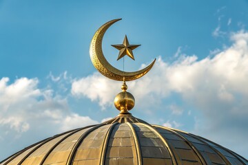 Wall Mural - celestial embrace: a golden crescent moon's serene glow illuminates a star, capturing the mystical a