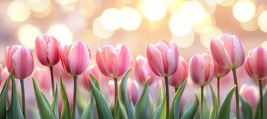 Canvas Print - Beautiful Pink Tulips in Bloom Romantic Background for Spring and Mothers Day Greetings