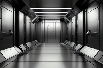 Poster - Futuristic corridor design with sleek metallic walls, illuminated panels, and minimalistic aesthetics provides a captivating sci-fi ambiance for creative projects
