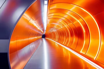 Poster - Futuristic tunnel with luminous orange lights creating a vibrant atmosphere and sleek lines, inviting adventure and exploration into the unknown depths