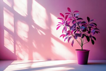 Poster - Vibrant indoor plant casting colorful shadows against a pastel pink wall during sunlight, showcasing a lively atmosphere and serene home decor